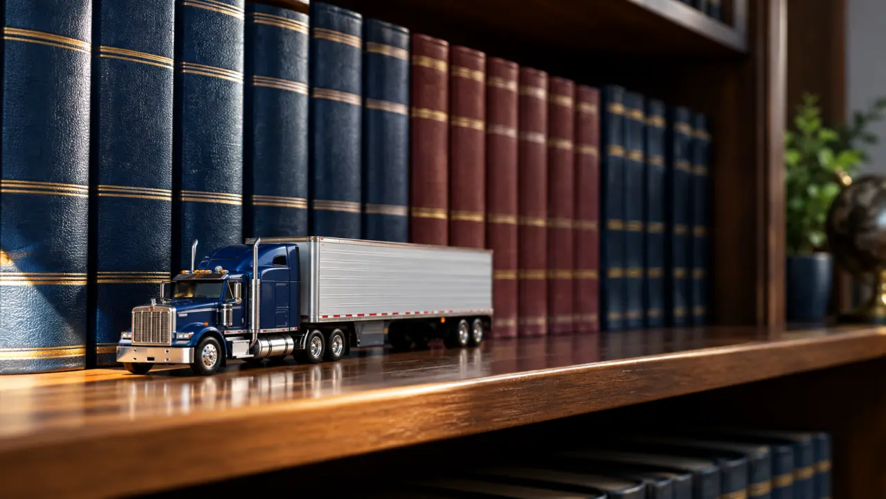 Thick bound volumes of federal regulations on a shelf with a model truck in front