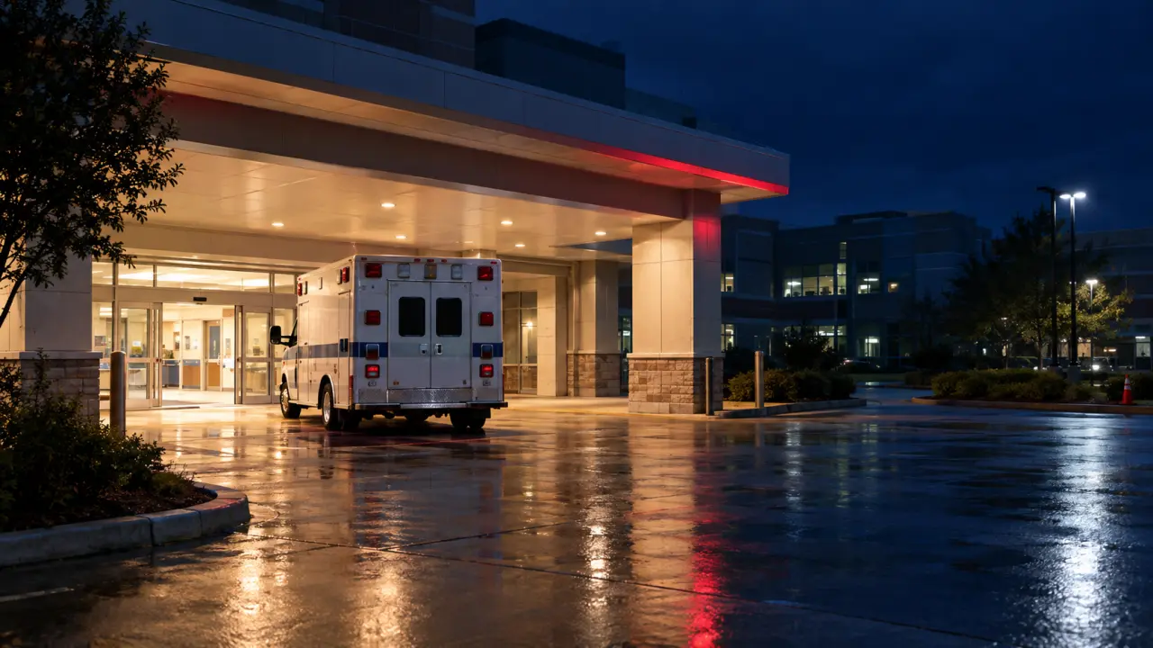 Emergency department entrance at night with an ambulance bay and soft red light
