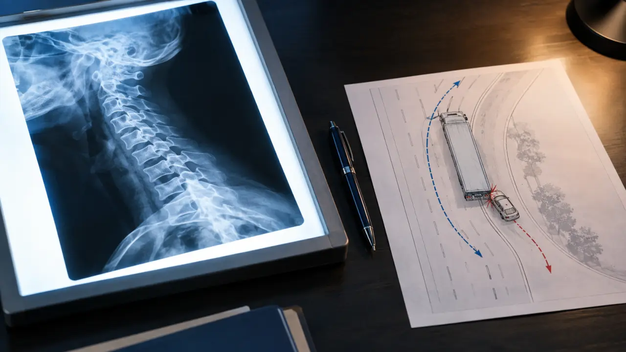 Medical imaging viewer beside a printed crash reconstruction diagram