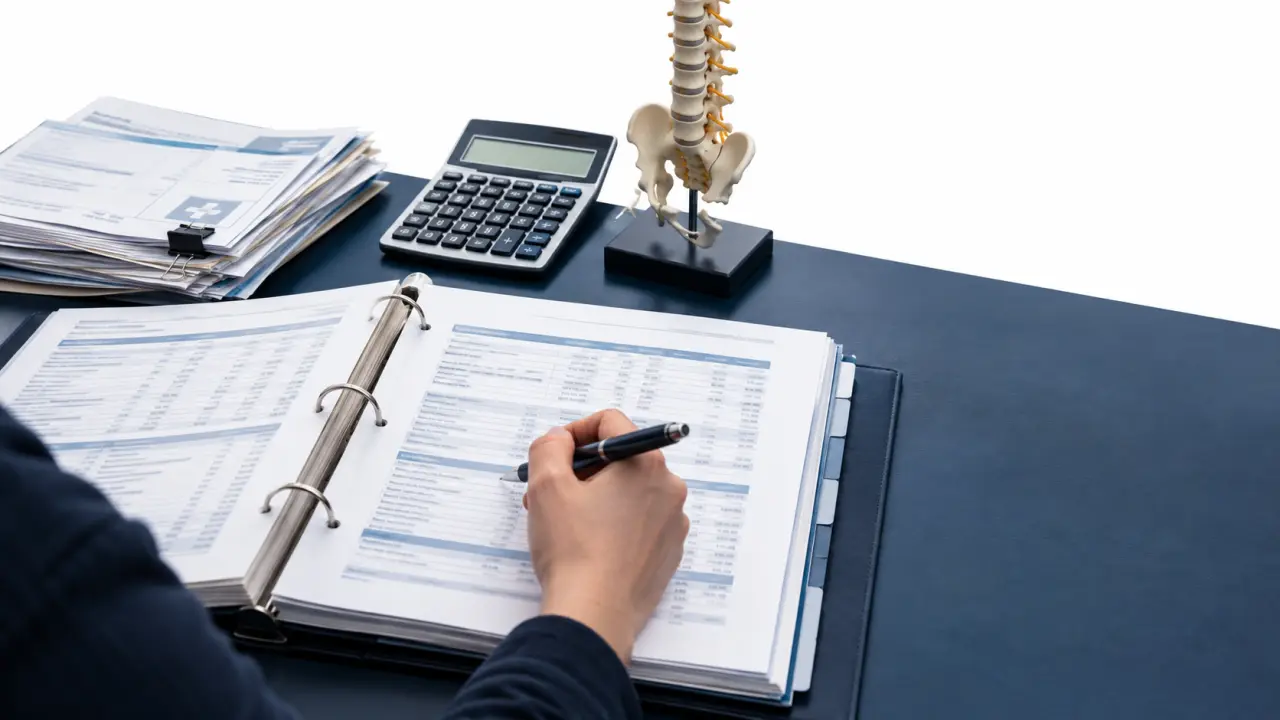 Life-care planning binder, medical bills, and a calculator on a desk