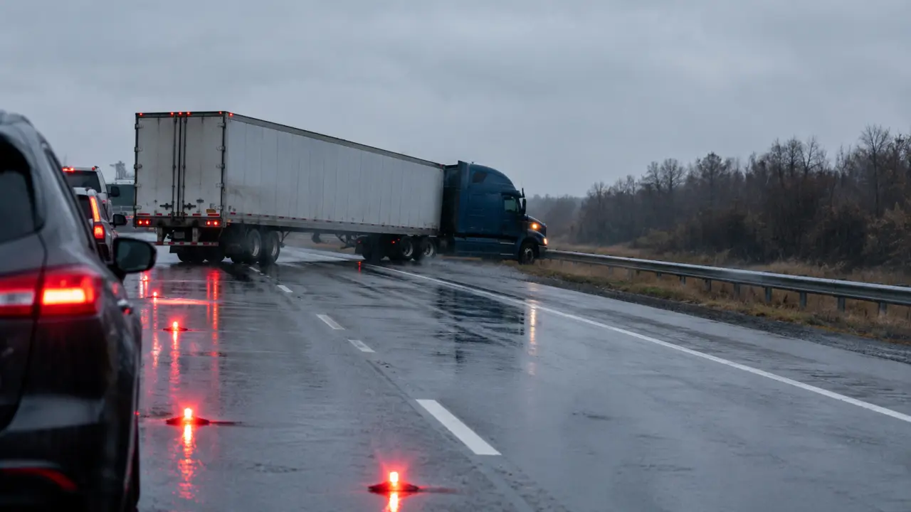 Tractor-trailer folded at a sharp angle across wet highway lanes in rain