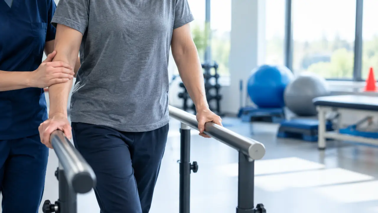 Physical therapist guiding a patient's hands on parallel bars in a bright rehabilitation gym