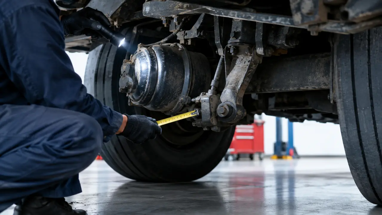 Mechanic inspecting trailer brake adjustment with a flashlight under a semi-trailer