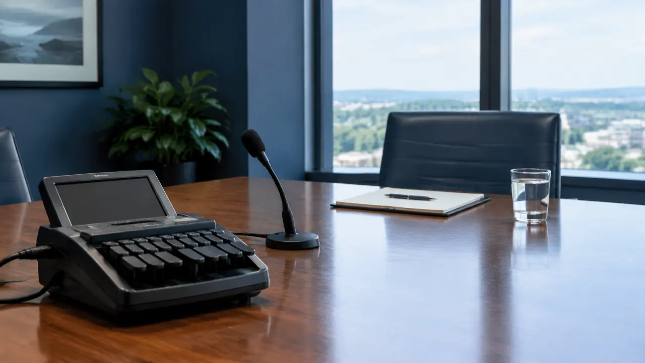 Deposition room with a court reporter's stenotype machine and a water glass on the table
