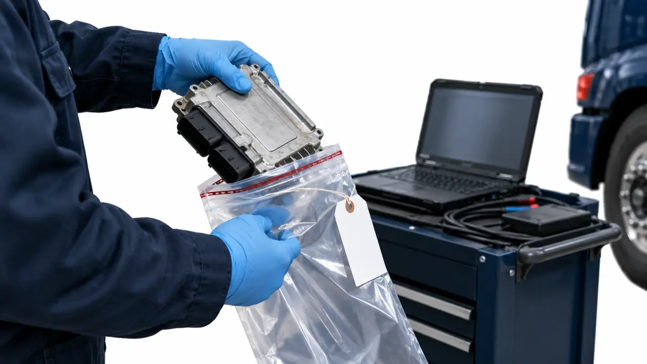 Semi-truck black box being sealed into an evidence bag in a garage