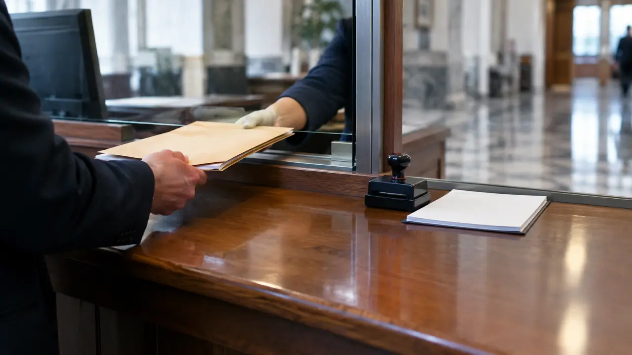 Courthouse clerk's counter with a stamped filing envelope being handed over