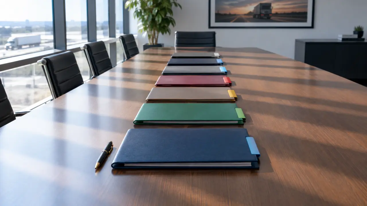 Eight case file folders laid in a row across a long conference table