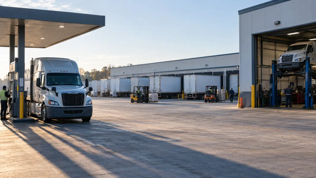 Freight yard scene showing a truck, a trailer, a warehouse dock, and a repair shop in one wide frame