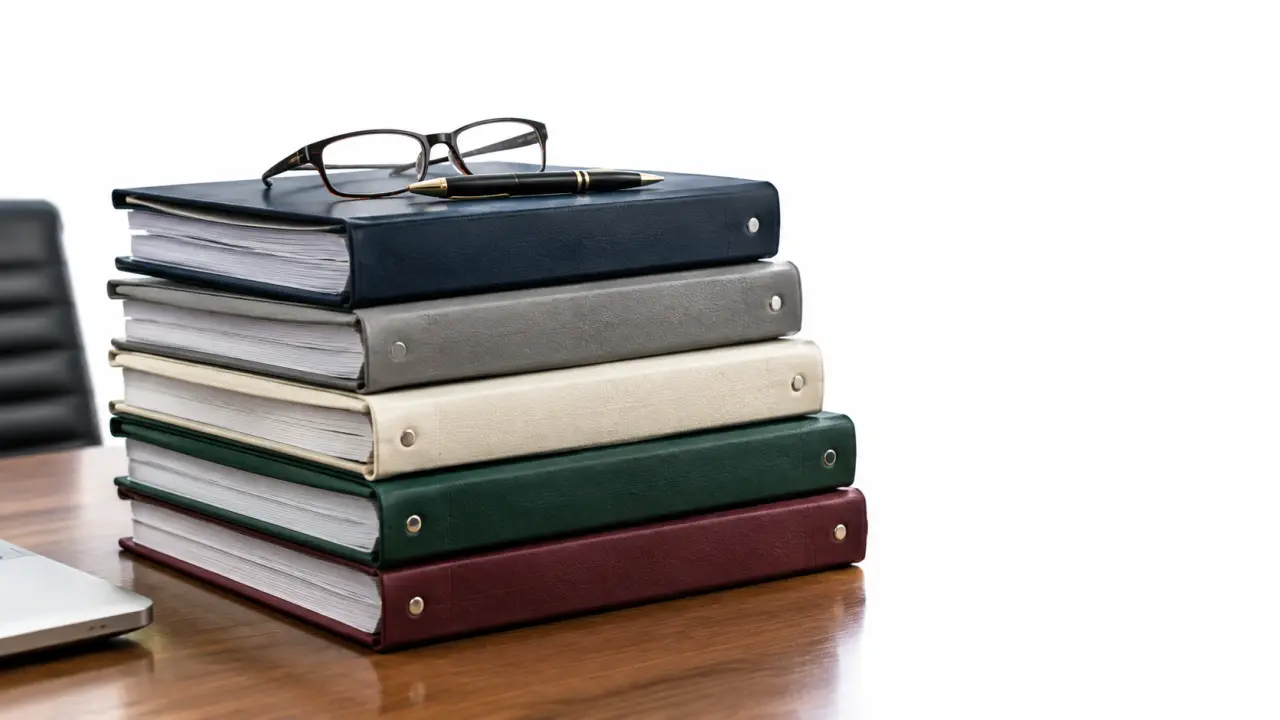 Several stacked insurance policy binders of different colors on a conference table