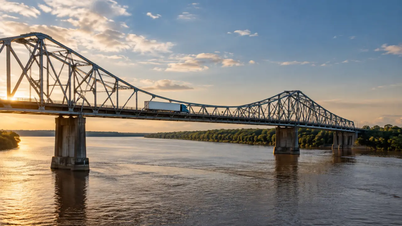 Semirremolque cruzando un largo puente sobre un río ancho entre dos estados