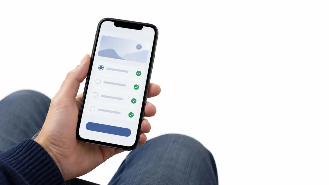 Mano sosteniendo un teléfono con un formulario tipo lista de verificación en pantalla, sentada en un sofá