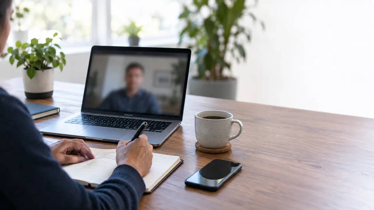 Computadora portátil sobre una mesa de cocina mostrando una videollamada difuminada, junto a un cuaderno y un teléfono