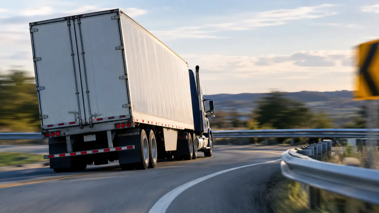 Tractor-trailer leaning into a tight curved highway on-ramp at speed
