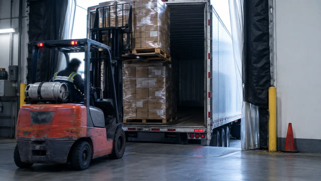 Forklift loading tall heavy pallets high in a trailer at a warehouse dock