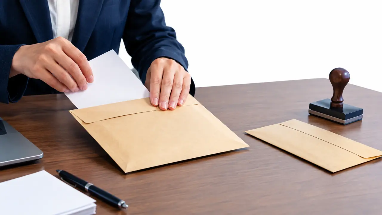 Hands sealing a letter into a courier envelope on an office desk in morning light