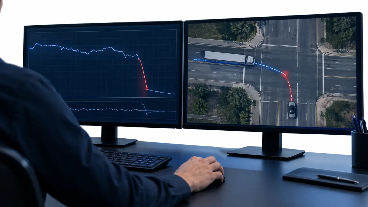 Analyst reviewing a speed-over-time graph and top-down road diagram on large monitors