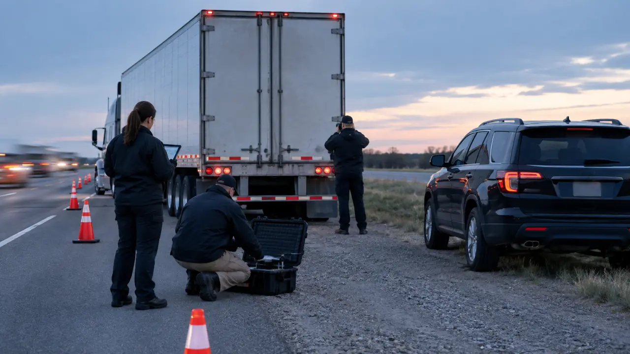 Investigators with tablets and a drone case beside a stopped tractor-trailer on an interstate shoulder in early evening