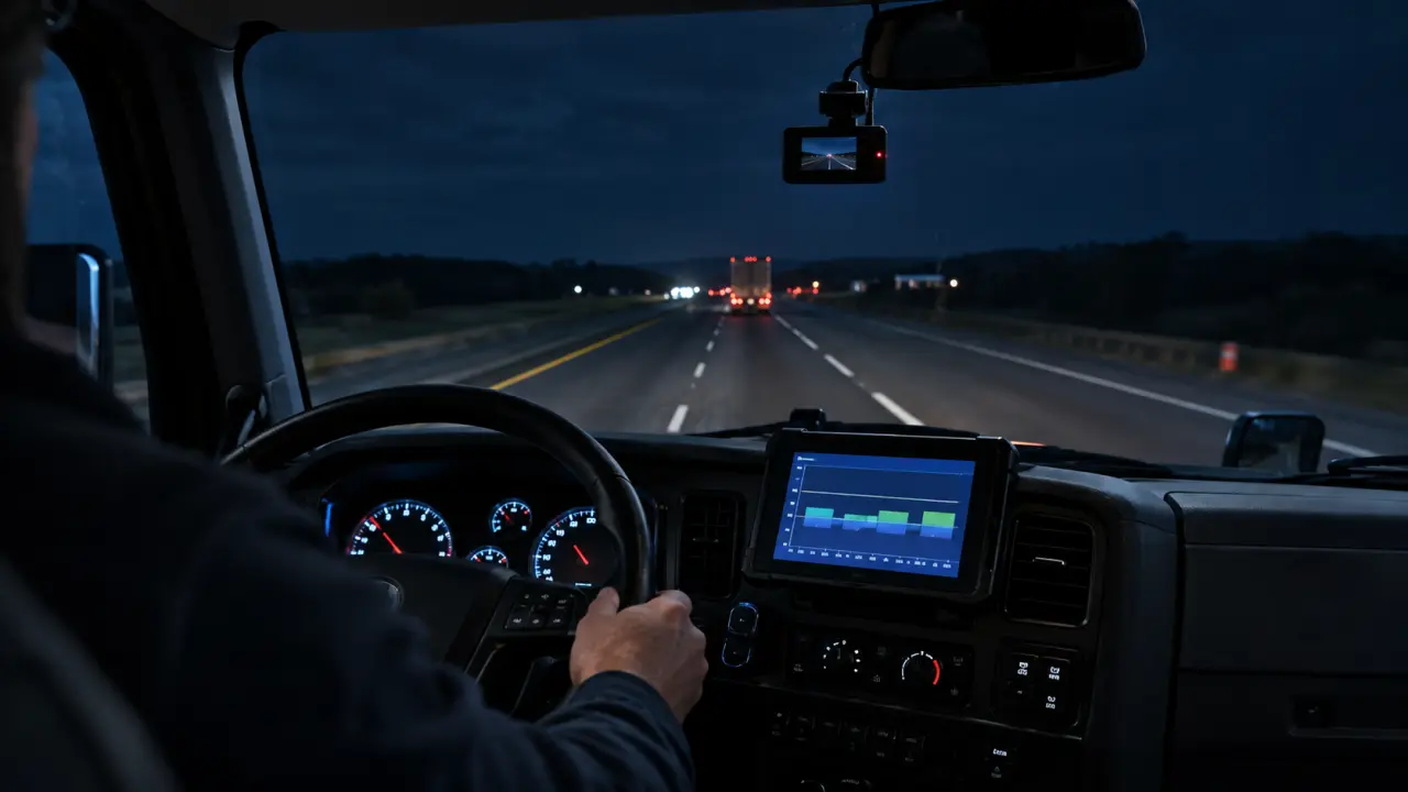 Inside a semi-truck cab at night with a mounted electronic logging tablet and a windshield dashcam