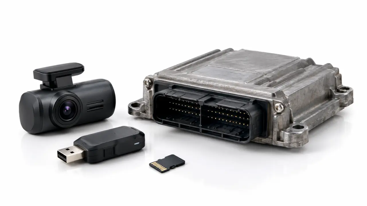 Dashcam memory card and a truck control module on a workbench beside an analog clock