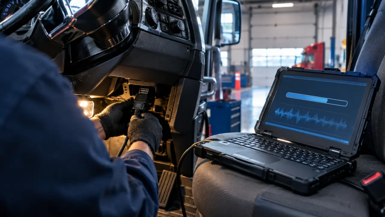 Technician's gloved hands connecting a diagnostic laptop to a semi-truck engine control module in a garage