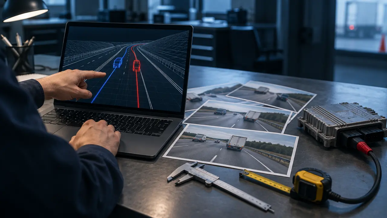 Accident reconstruction workbench with a laptop showing a 3D vehicle path, printed scene photos, and a truck control module