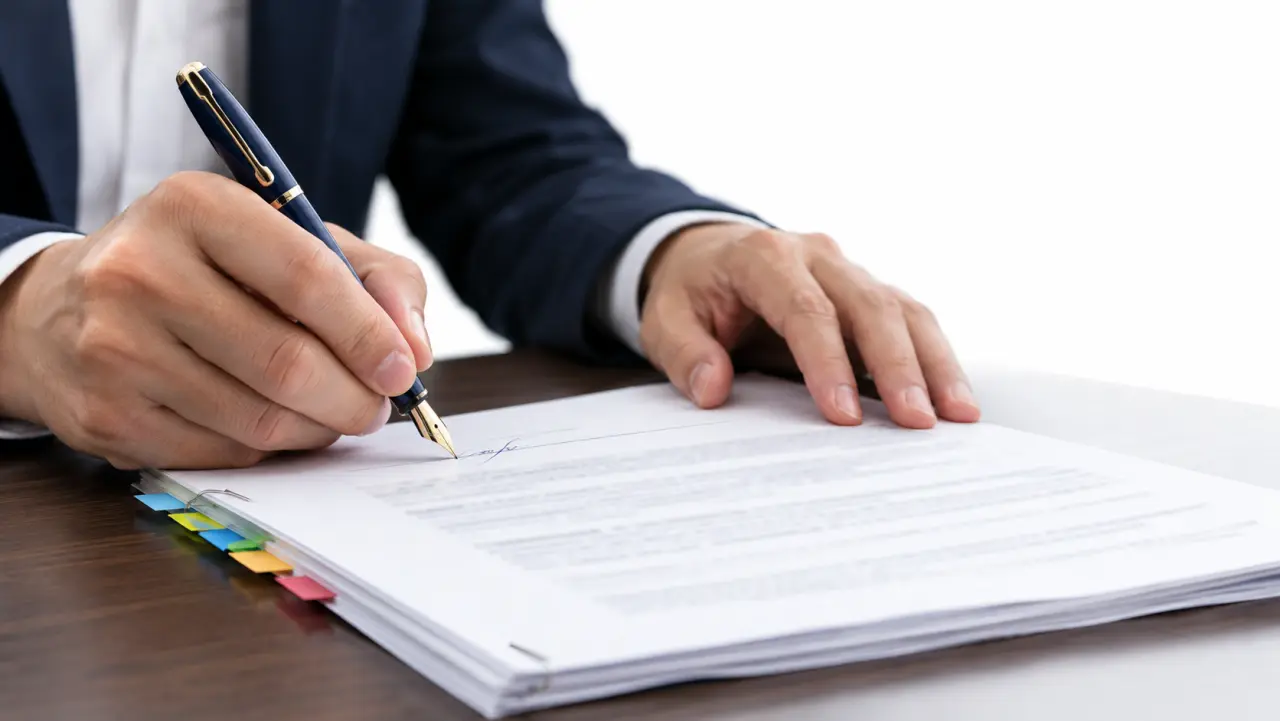 Close-up of a hand signing a multi-page agreement with a fountain pen