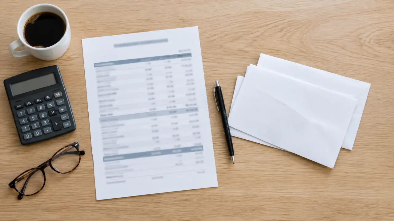 Flat lay of an illegible disbursement sheet, calculator, reading glasses, and three envelopes