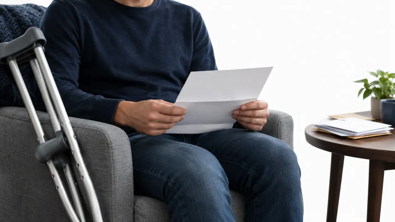 Person seated in an armchair holding an opened letter, crutches leaning against the chair