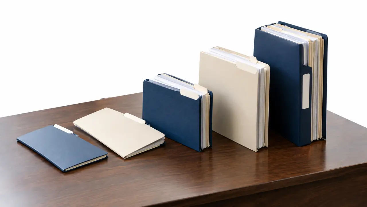 Case folders of increasing thickness arranged like a bar chart on a wooden table