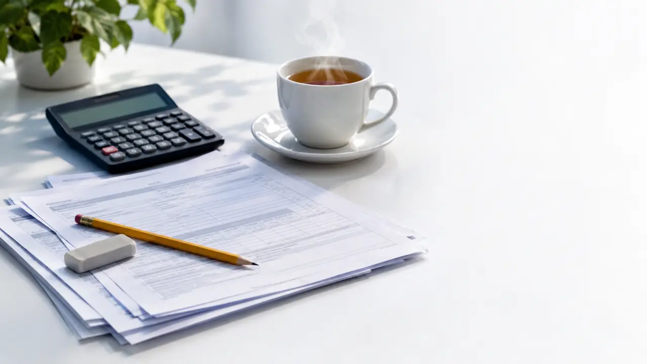 Kitchen counter still life with blank tax forms, a calculator, a pencil, and a cup of tea