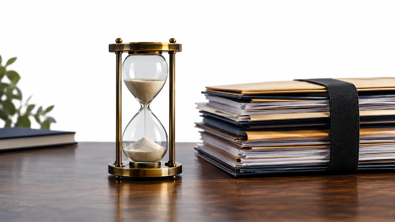 Brass hourglass beside a stack of legal files on a desk in evening light