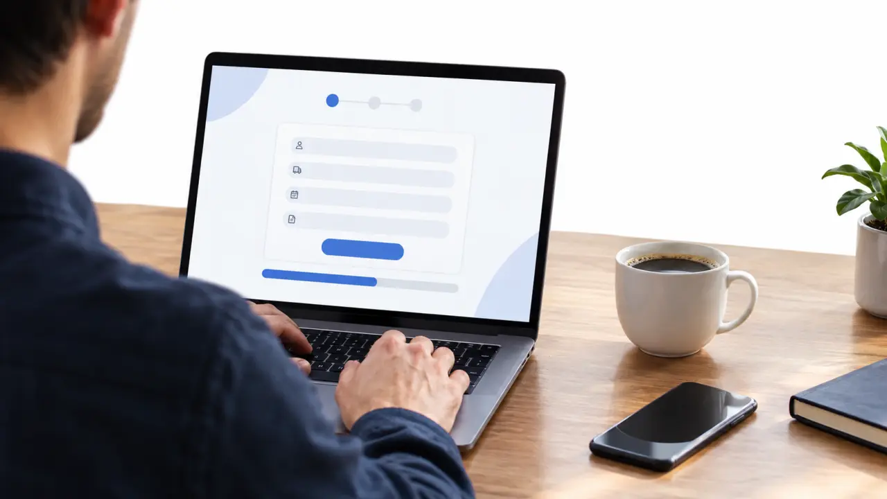Person at a laptop filling out a short online form with a cup of coffee nearby