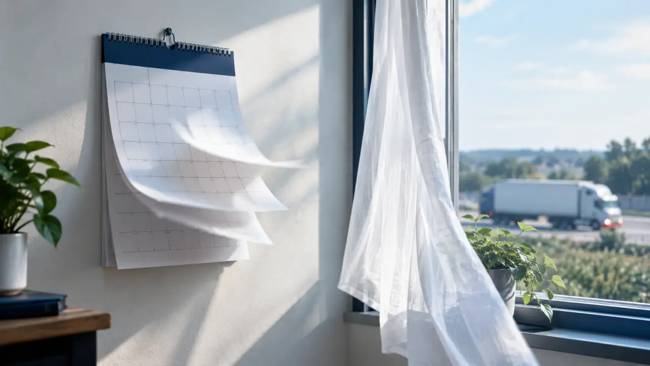 Wall calendar with pages lifting in a breeze beside a window