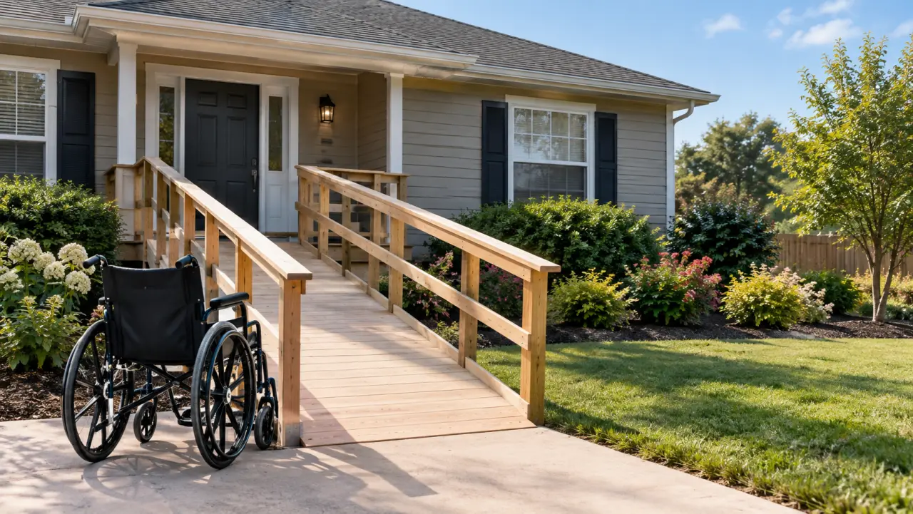 Wheelchair ramp leading to the front door of a home in afternoon light