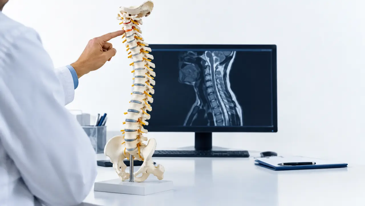 Anatomical spine model on a clinic desk beside a monitor with an abstract spinal scan