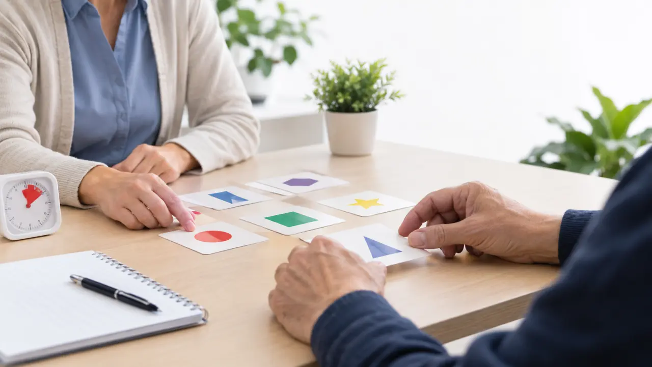 Therapist and patient working with memory cards at a table in a bright therapy room