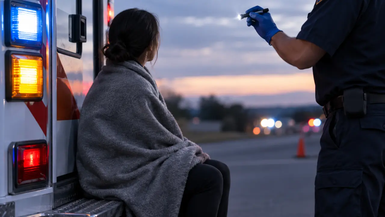 Person sitting on the back step of an ambulance with a blanket, looking fine, at dusk