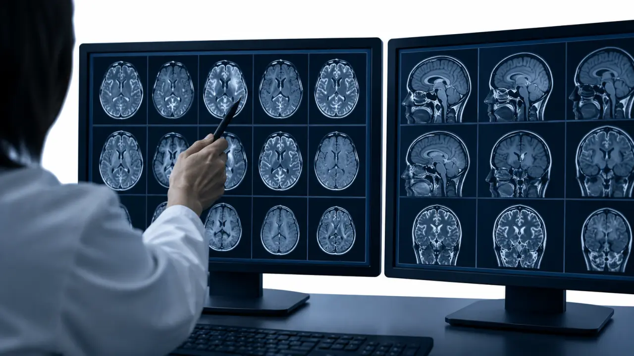 Doctor pointing to brain MRI scans on a monitor in a dim reading room