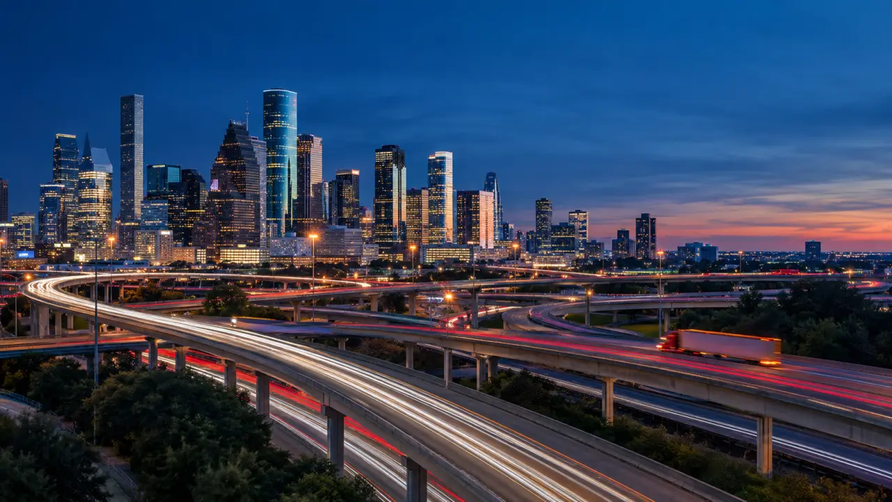 Houston skyline at blue hour behind a freeway interchange with truck light trails