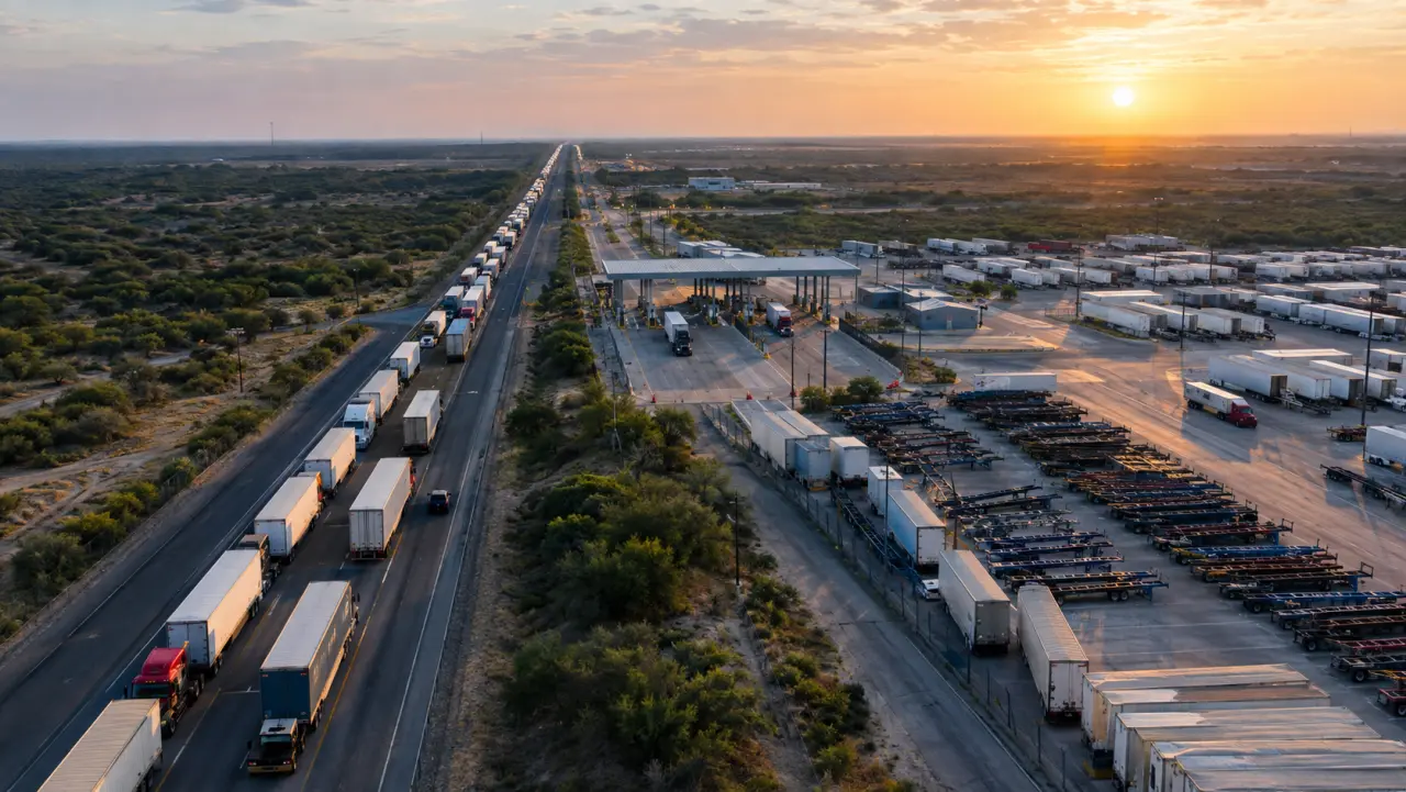 Aerial view of a dense line of cross-border tractor-trailers on the I-35 corridor near Laredo at sunrise