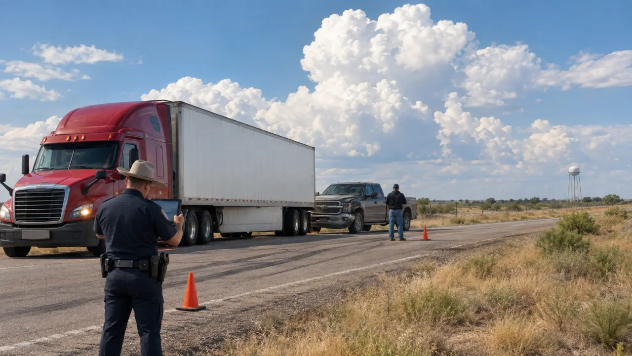 Stopped tractor-trailer and pickup truck on a flat Texas highway frontage road while an officer documents the scene