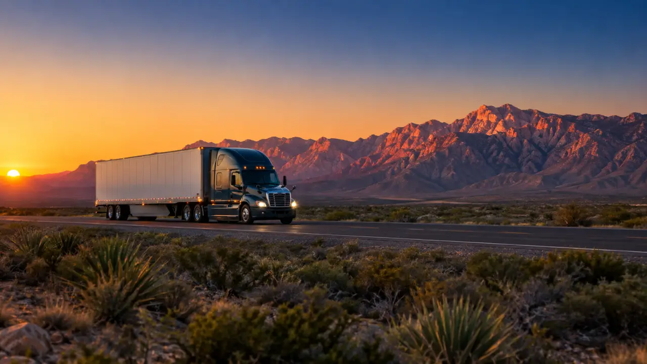 Long-haul semi-truck crossing the West Texas desert near El Paso at sunset