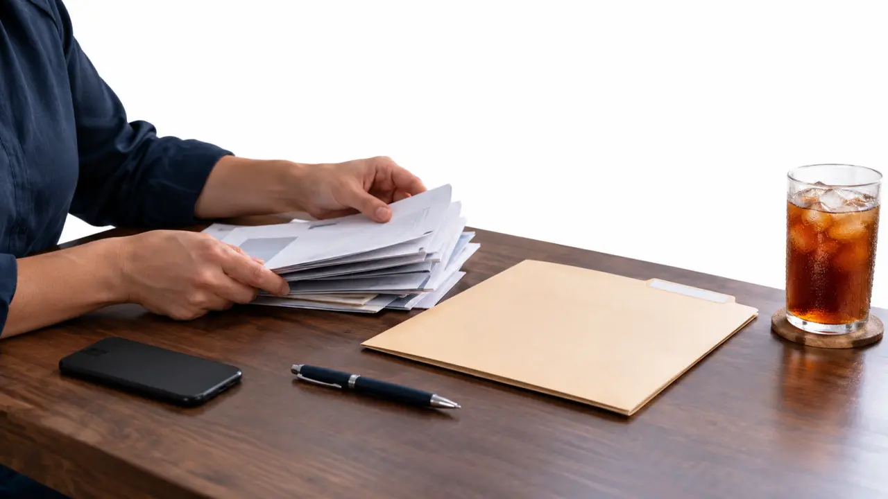 Hands sorting medical bills and a crash report folder at a home desk in Texas before speaking to an insurer