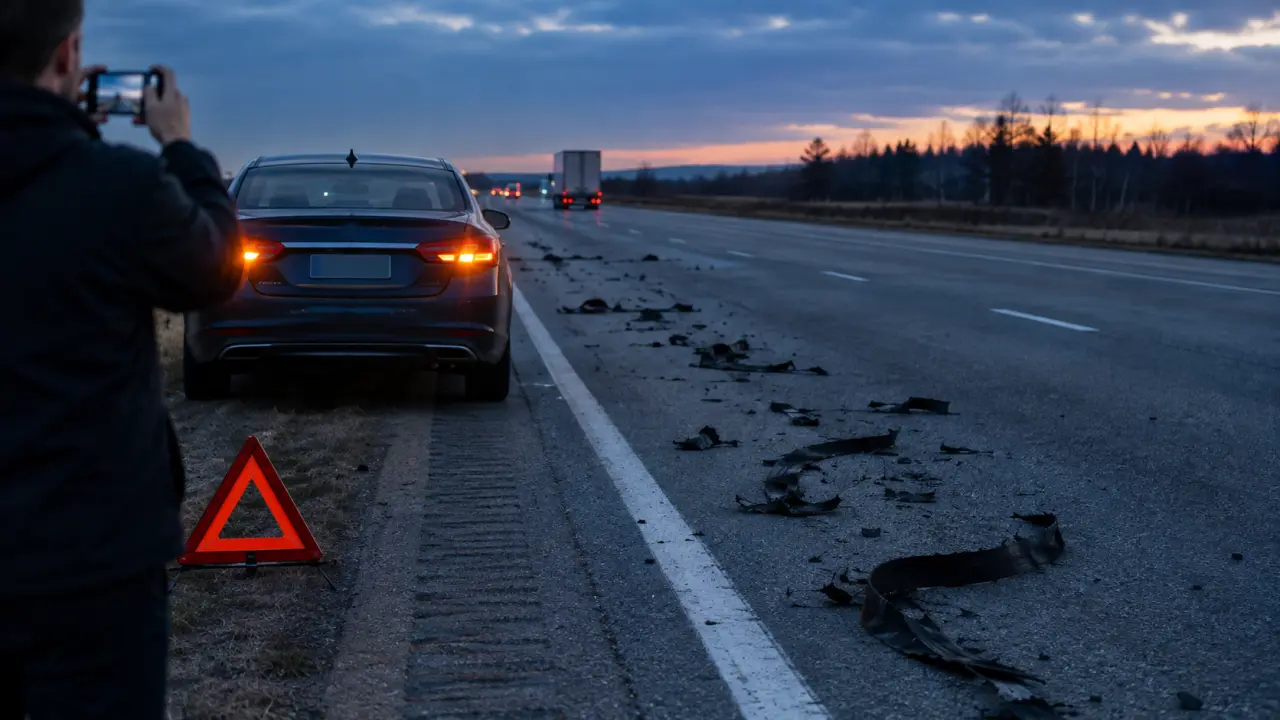 Car stopped on an interstate shoulder at dusk with hazard lights on as a person photographs shredded truck tire tread in the lane