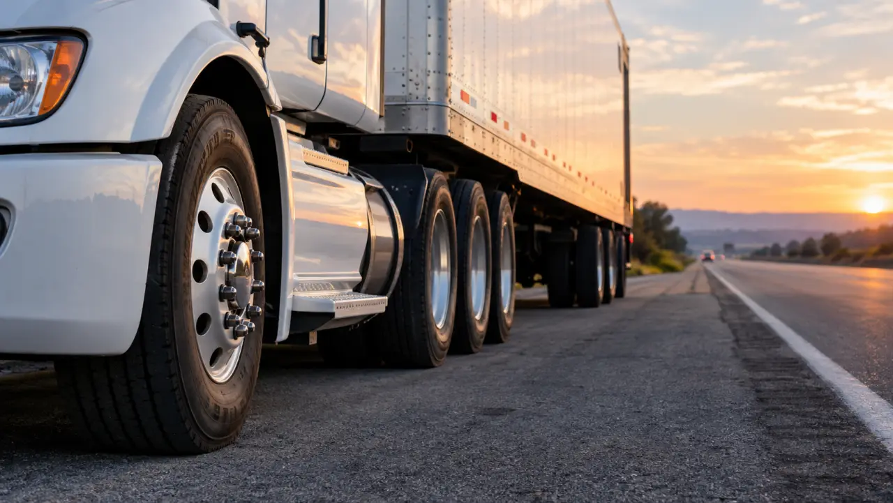 Low-angle view along a parked tractor-trailer showing the steer tire, dual drive tires, and tandem trailer tires
