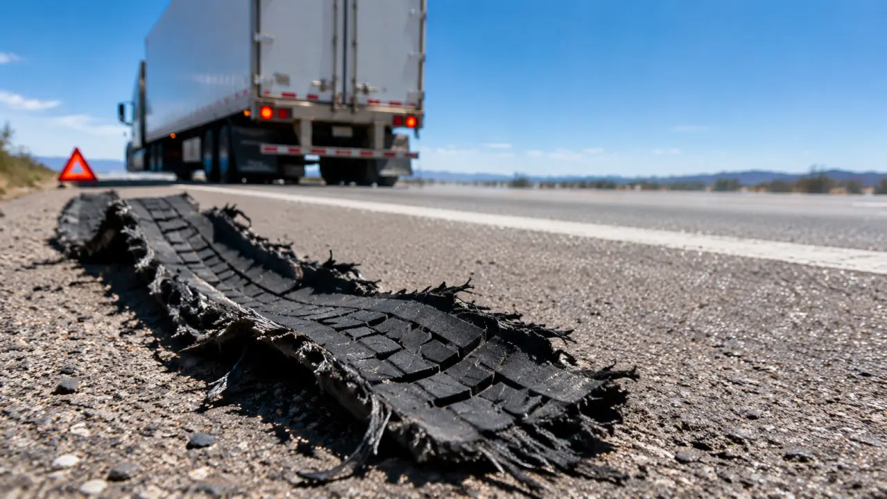 Shredded truck tire tread lying on a hot highway shoulder