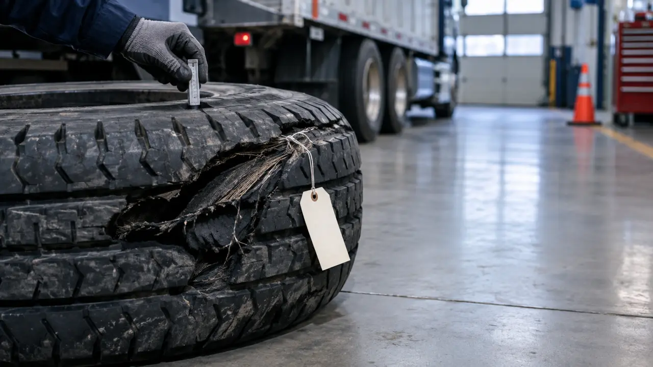 Failed truck tire with tread separation in an inspection bay as a gloved hand measures tread depth with a gauge