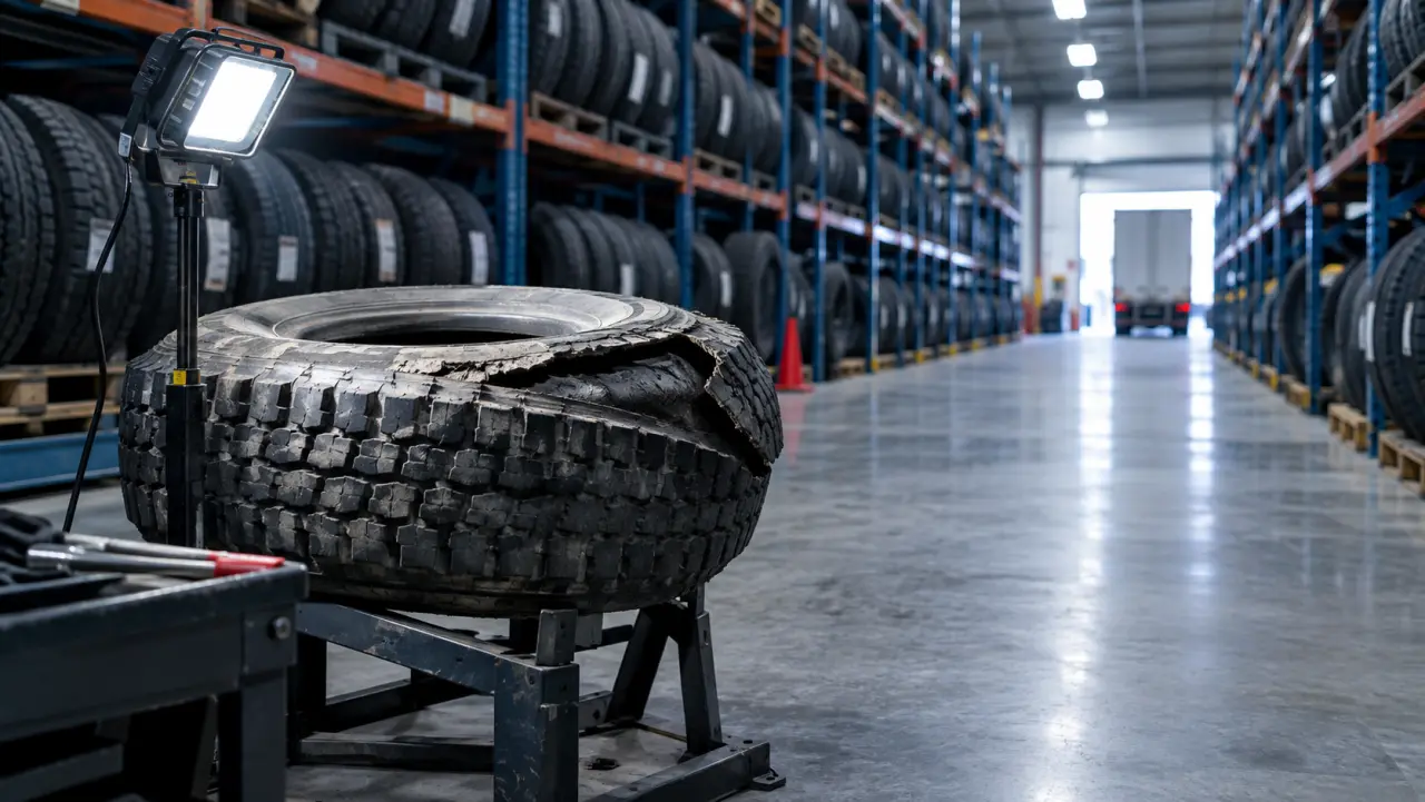 Rows of new commercial truck tires in a warehouse with one set aside for inspection