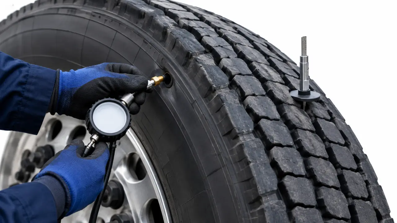 Technician checking truck tire pressure and tread depth with gauges