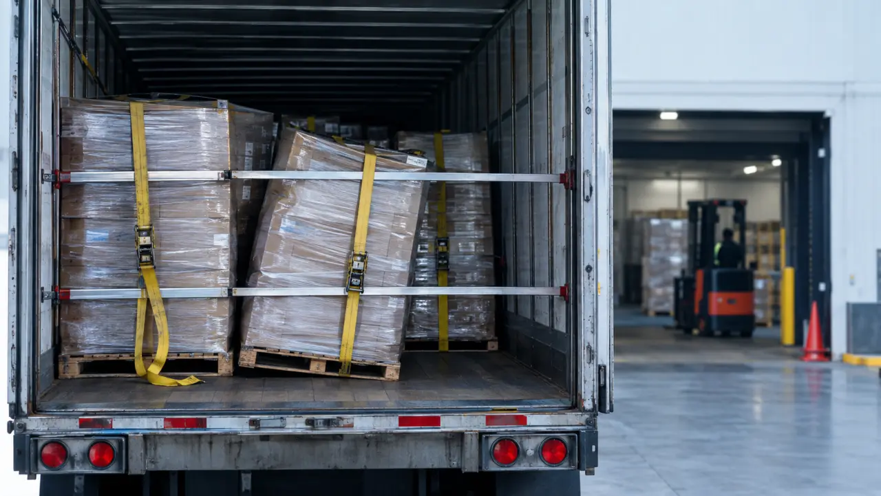 Inside a trailer at a loading dock showing strapped pallets with one shifted load